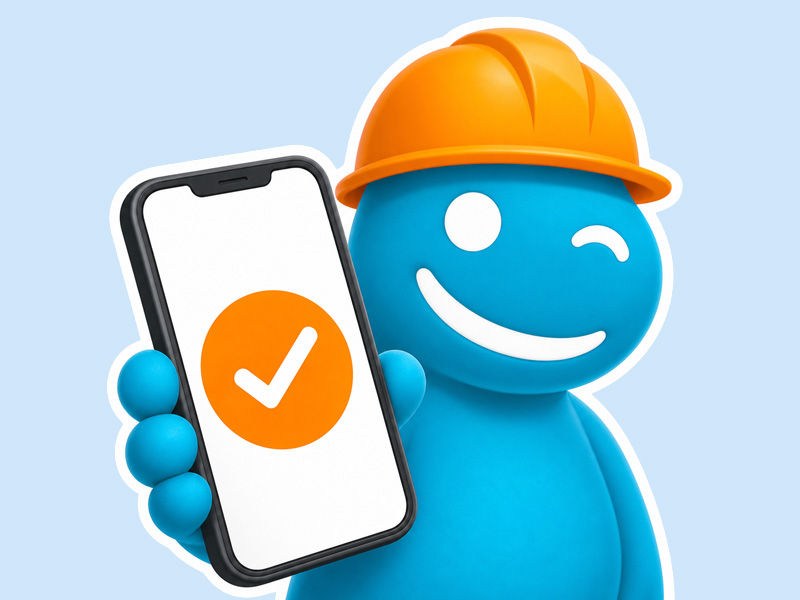 Tradeltop tradie mascot holding a phone that confirms account setup
