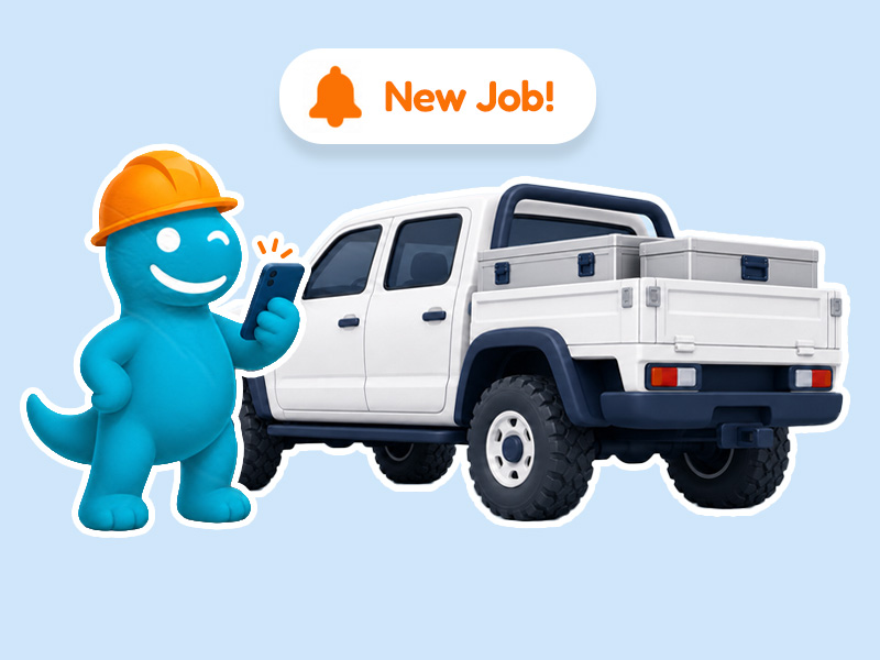 Tradeltop tradie mascot receiving a new job notification beside a work ute