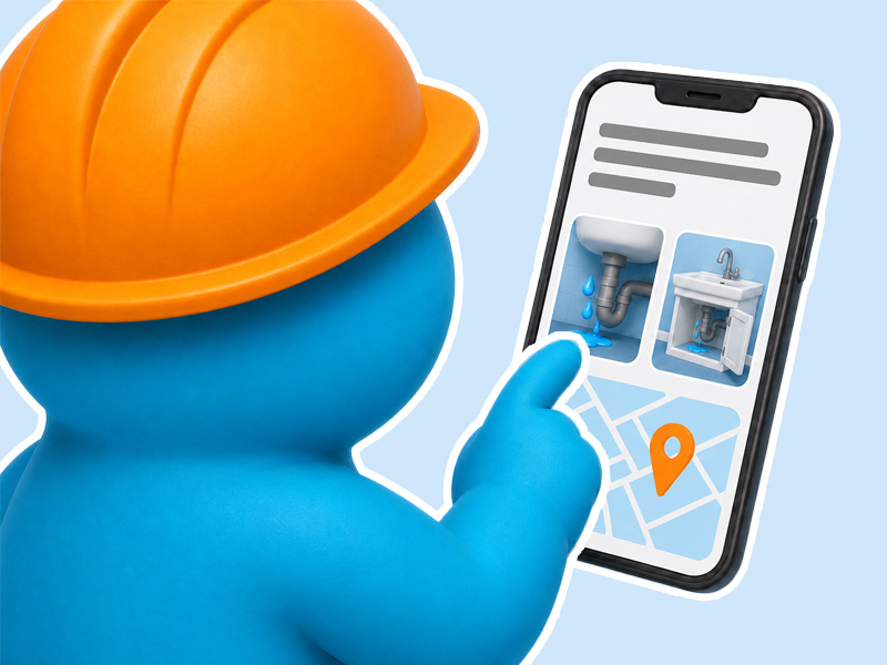 Tradeltop tradie mascot reviewing job details, photos and location on a phone