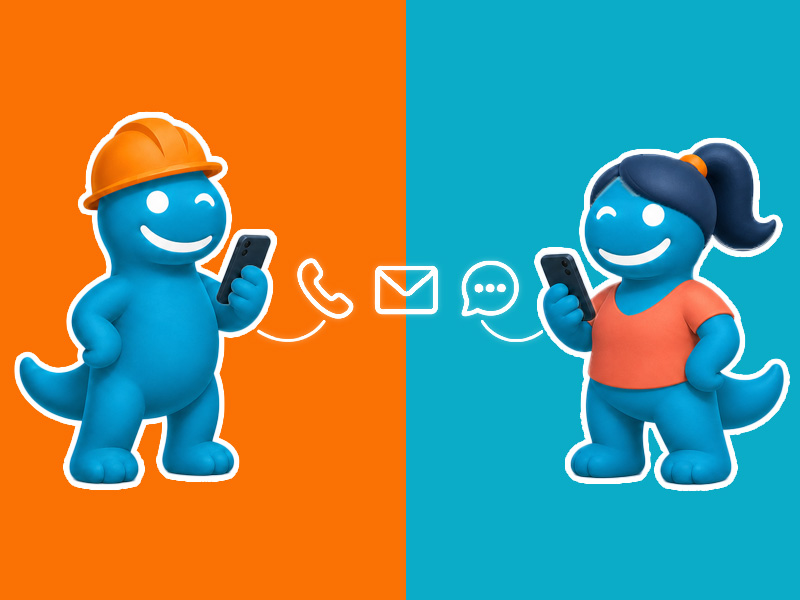 Tradeltop tradie and customer mascots speaking by phone, email or message