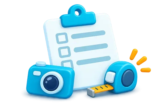 A checklist, camera and measuring tape for preparing a job brief